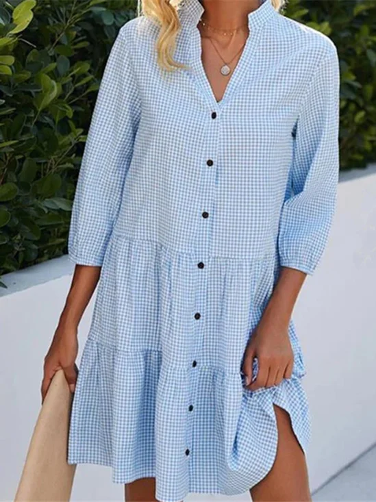 Women Plaid Summer Dress Stand
                                    Collar Half Sleeve Shirt Dress
                                    A-Line Dress