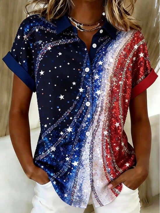 Shirt Collar Short Sleeve Independence Day (Flag) Printing Regular Micro-Elasticity Loose Button Up Shirt Shirt For Women