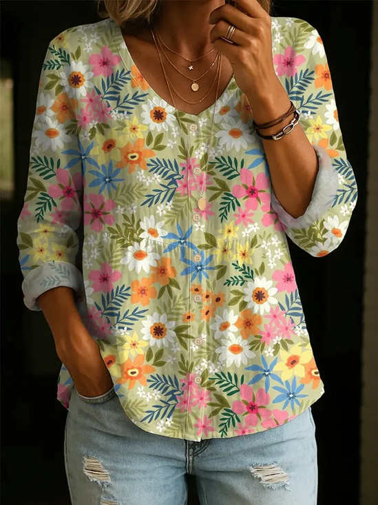 V Neck Long Sleeve Floral Printing Regular Micro-Elasticity Regular Fit Blouse For Women