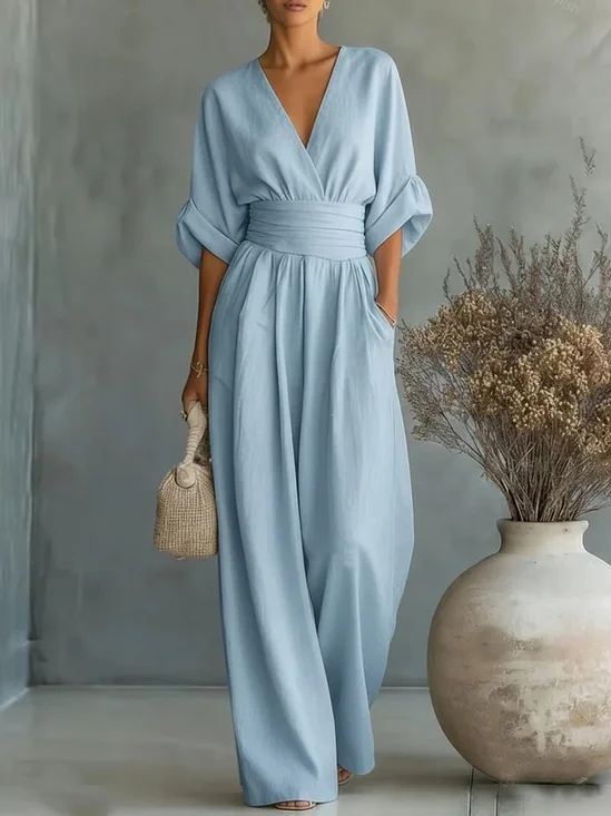 Women Plain V Neck Half Sleeve Casual Summer Cotton-Blend Jumpsuit