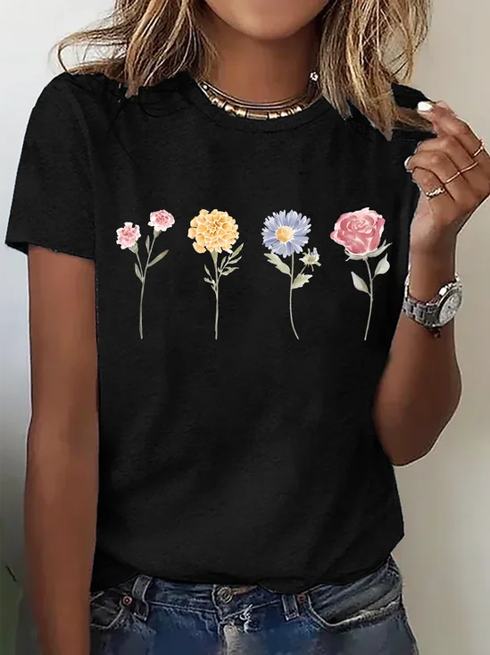 Vintage Floral Crew Neck Short Sleeve T-shirt