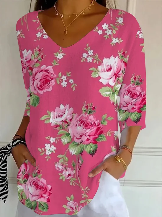 Casual Floral V Neck Three Quarter Sleeve T-shirt