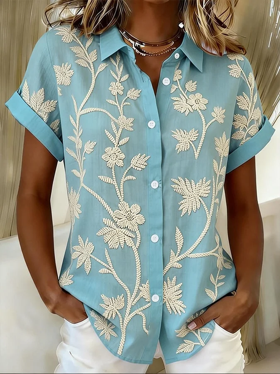 Shirt Collar Short Sleeve Floral Printing Regular Micro-Elasticity Loose Button Up Shirt Shirt For Women