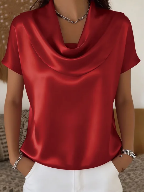 Elegant Plain Cowl Neck Short Sleeve T-shirt