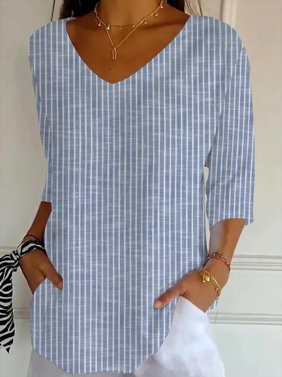 Casual Striped V Neck Three Quarter Sleeve T-shirt