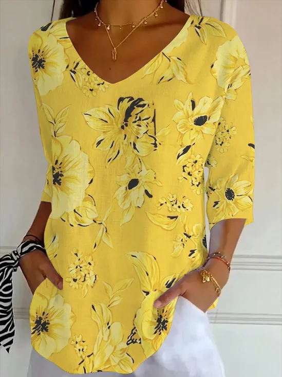 Casual Floral V Neck Three Quarter Sleeve T-shirt