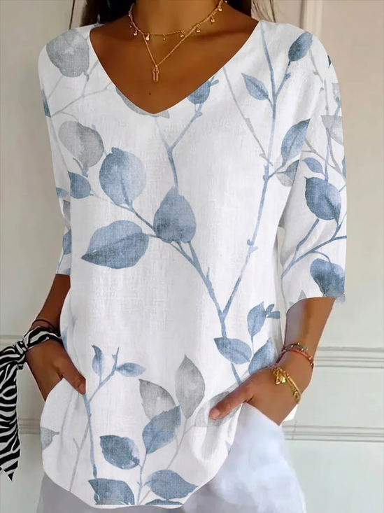 Casual Floral V Neck Three Quarter Sleeve T-shirt