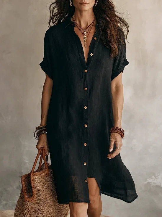Women Plain Summer Dress Shawl Collar Short Sleeve Shirt Dress H-Line Dress