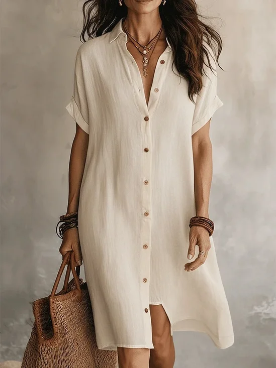 Women Plain Summer Dress Shawl Collar Short Sleeve Shirt Dress H-Line Dress