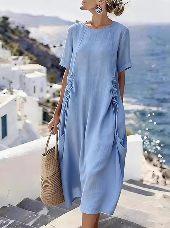 Women Plain Summer Dress Crew Neck Short Sleeve Fit & Flare Dress A-Line Dress