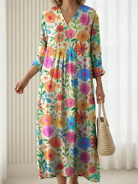 Women Floral Spring/Fall Dress
                                    V Neck Long Sleeve H-Line Dress
