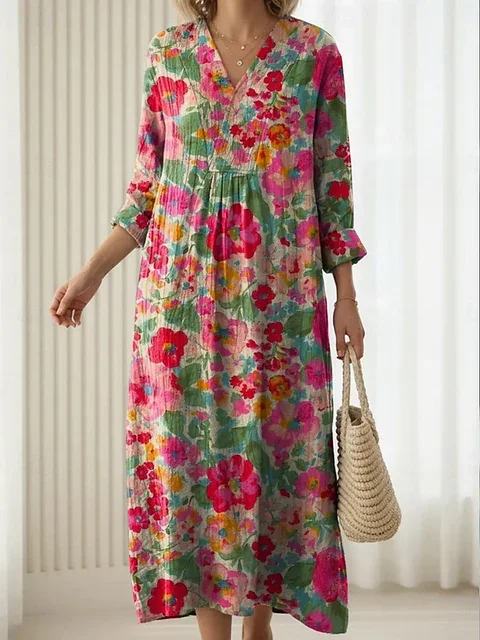 Women Floral Spring/Fall Dress
                                    V Neck Long Sleeve Shirt Dress
                                    A-Line Dress