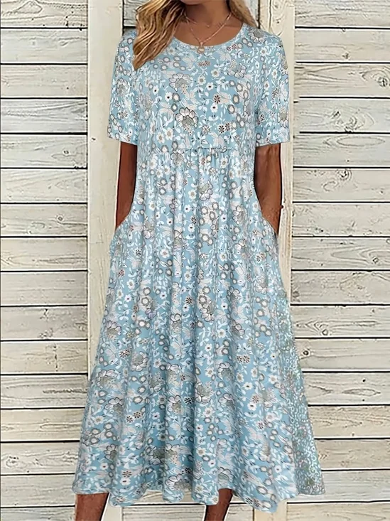 Women
                      Floral Summer Printing Dress Crew Neck Short
                      Sleeve Shift Dress H-Line Dress