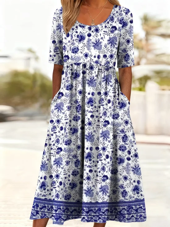 Women Floral Summer Printing Dress Crew Neck Short Sleeve Shift Dress H-Line Dress