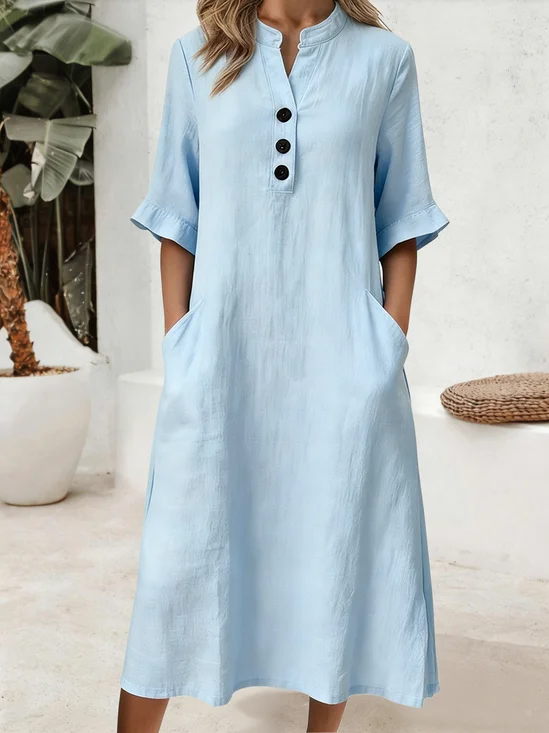 Women Plain Summer Dress V Neck Short Sleeve Fit & Flare Dress A-Line Dress