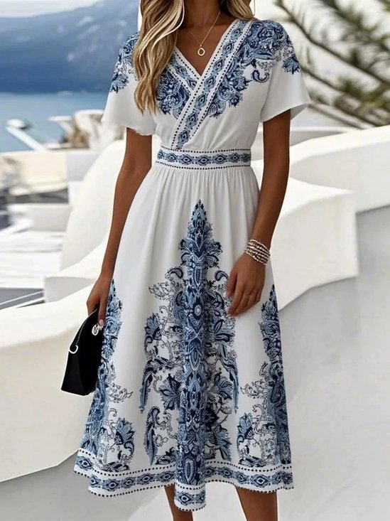 Women Floral Summer Dress V
                                    Neck Short Sleeve Fit & Flare
                                    Dress A-Line Dress