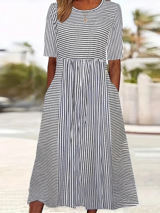 Women Striped Summer Printing Dress Crew Neck Short Sleeve Shift Dress H-Line Dress