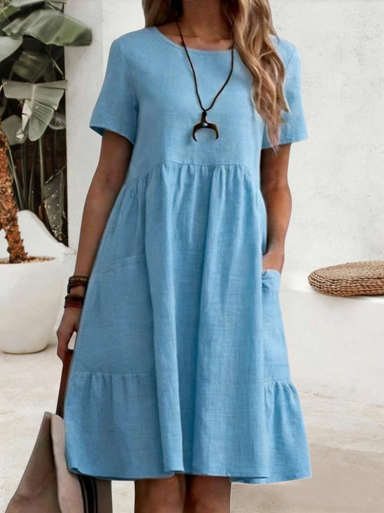 Women Plain Summer Dress Crew Neck Short Sleeve Fit & Flare Dress A-Line Dress