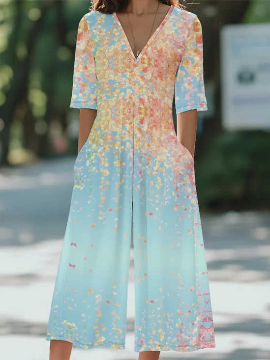 Women Floral V Neck Half Sleeve Casual Summer Jumpsuit