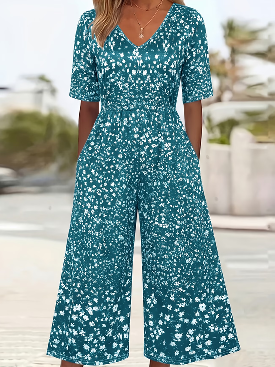 Women Floral V Neck Half Sleeve Casual Summer Jumpsuit