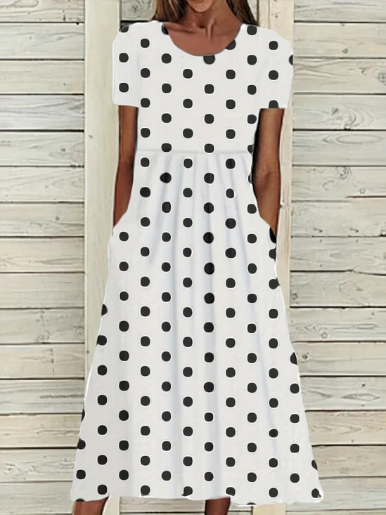 Women Polka Dots Summer Printing Dress Crew Neck Short Sleeve Shift Dress H-Line Dress