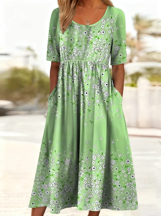 Women Floral Summer Printing Dress Crew Neck Short Sleeve Shift Dress H-Line Dress