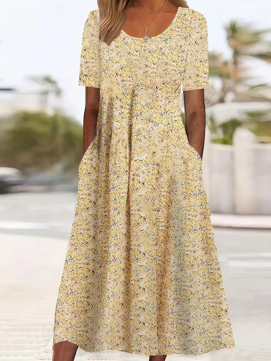 Women Floral Summer Printing Dress Crew Neck Short Sleeve Shift Dress H-Line Dress