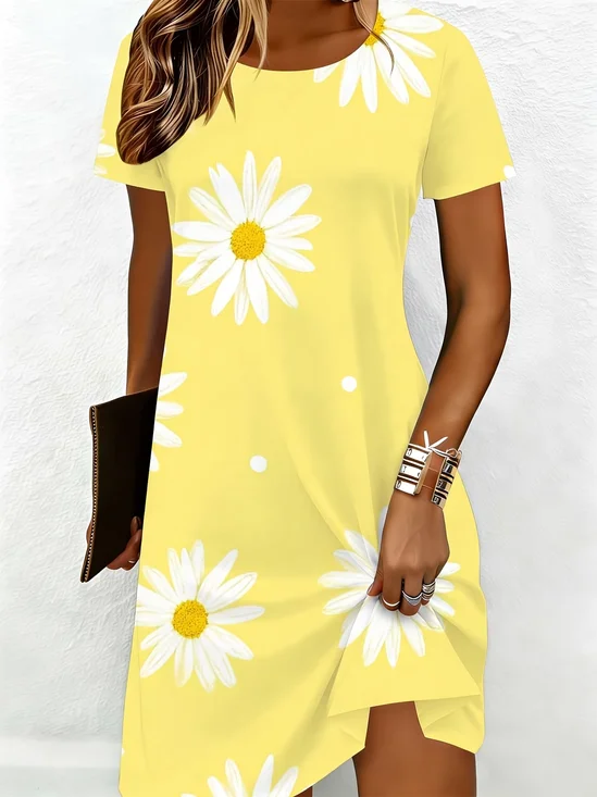 Women Floral Summer Printing
                                    Dress Crew Neck Short Sleeve T-Shirt
                                    Dress A-Line Dress