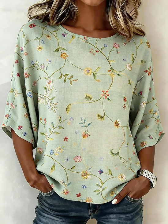 Crew Neck Half Sleeve Floral Lightweight Loose Shirt For Women