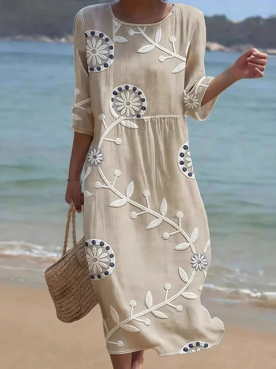 Women Floral Summer Dress Crew Neck Short Sleeve Fit & Flare Dress A-Line Dress