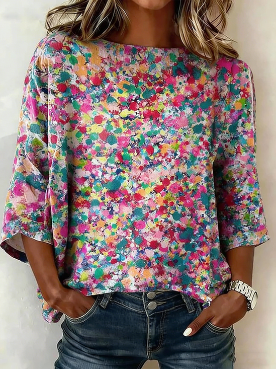 Crew Neck Half Sleeve Abstract Polka Dots Lightweight Loose Shirt For Women