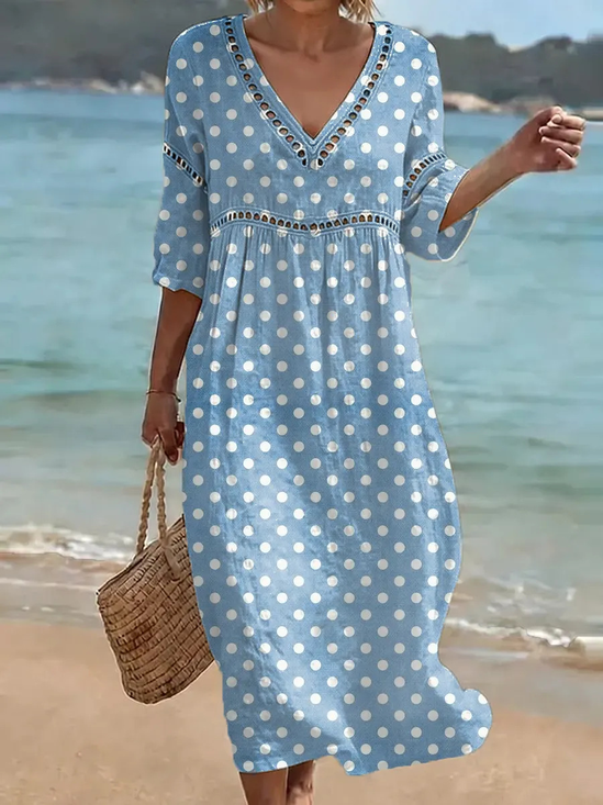 Women Polka Dots Summer Dress V Neck Short Sleeve Fit & Flare Dress A-Line Dress