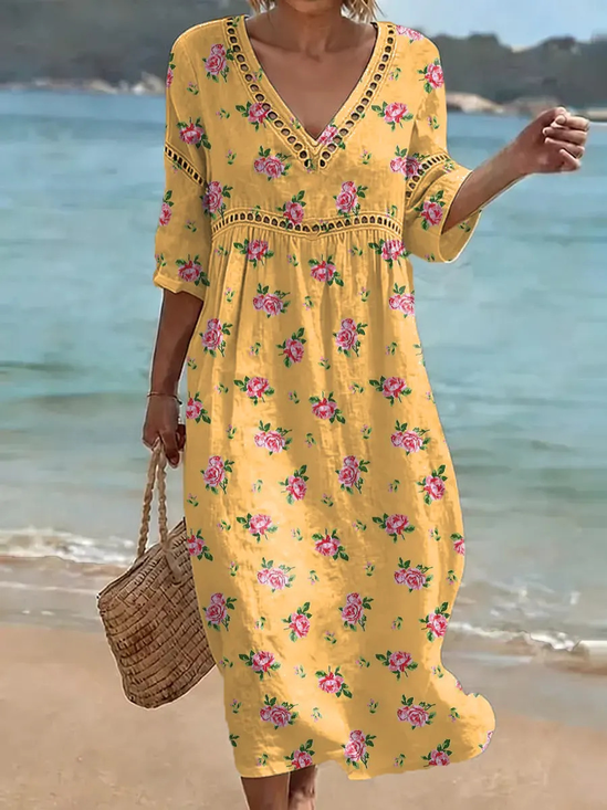 Women Floral Summer Dress V Neck Short Sleeve Fit & Flare Dress A-Line Dress
