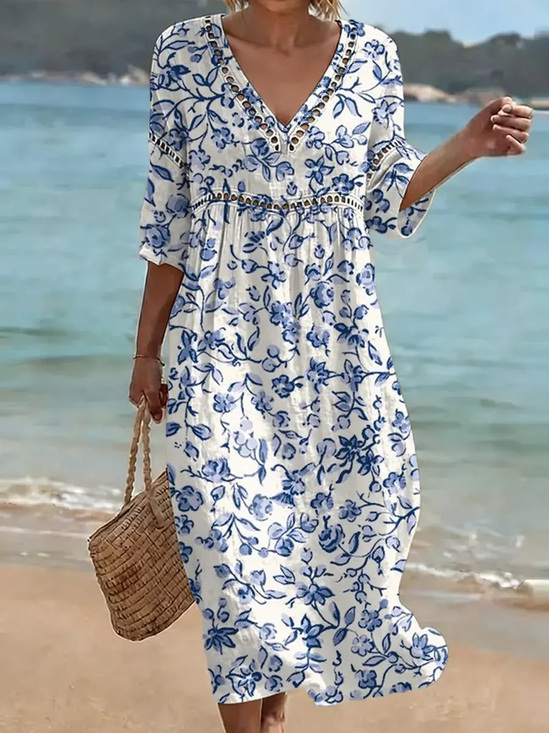 Women Floral Summer Dress V Neck Short Sleeve Fit & Flare Dress A-Line Dress