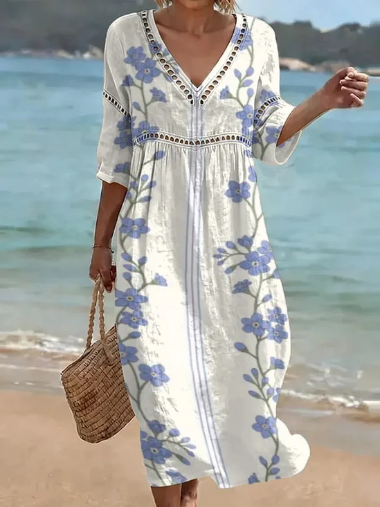 Women Floral Summer Dress V Neck Short Sleeve Fit & Flare Dress A-Line Dress