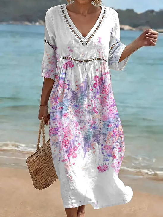 Women Floral Summer Dress V Neck Short Sleeve Fit & Flare Dress A-Line Dress