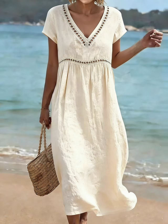 Women Plain Summer Dress V Neck Short Sleeve Fit & Flare Dress A-Line Dress