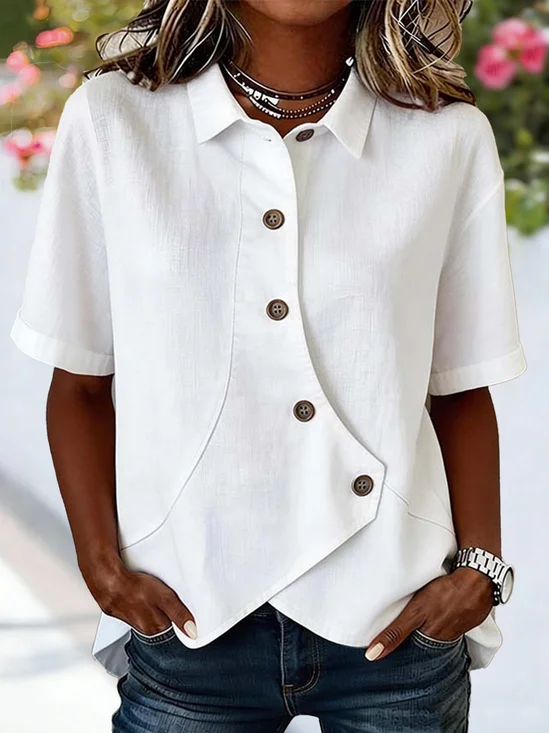 Shawl Collar Short Sleeve Plain Regular Loose Shirt For Women