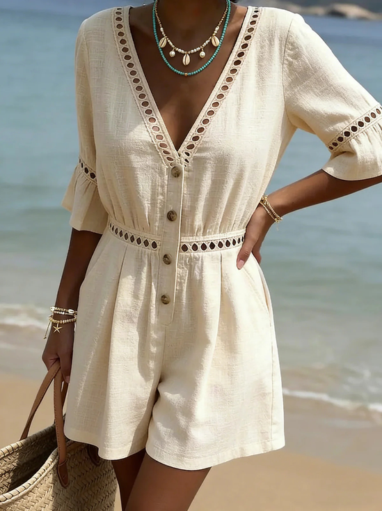 Women Plain V Neck Short Sleeve Casual Summer Cotton And Linen Jumpsuit