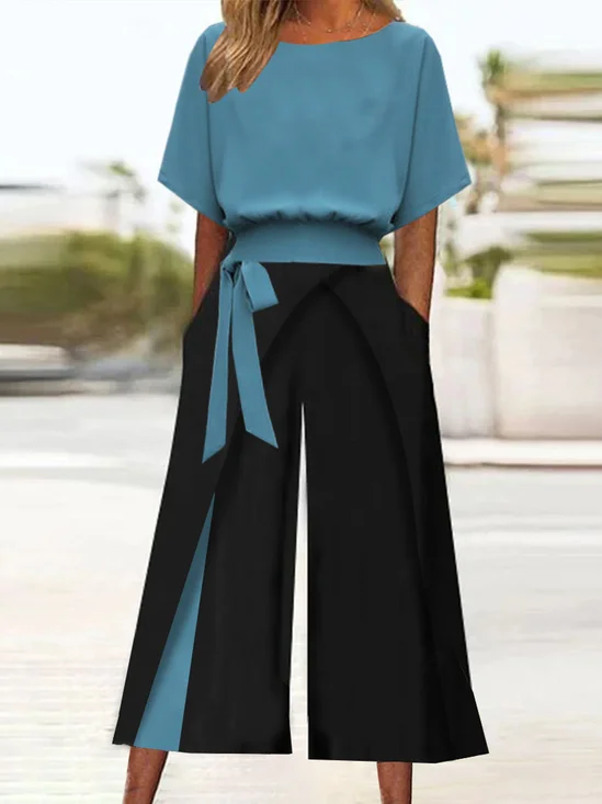 Women Plain Two-Piece Set Daily Short Sleeve Vintage Summer Top With Pants Matching Set