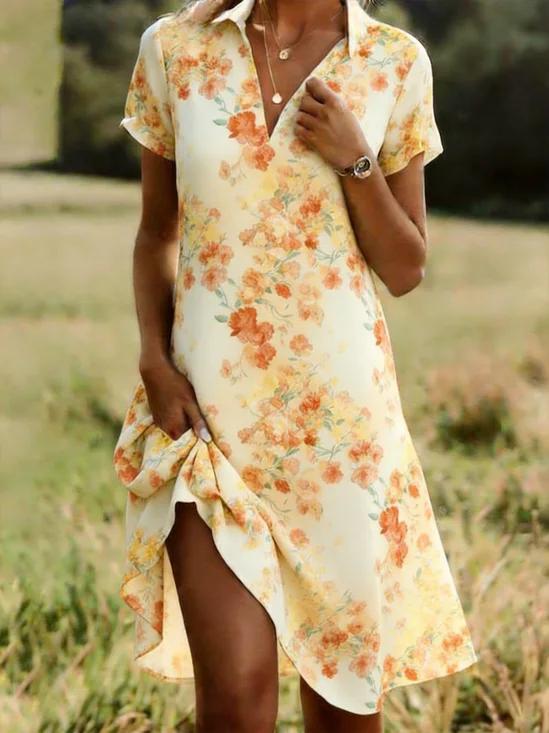 Women Floral All Season Dress Shirt Collar Short Sleeve Shirt Dress A-Line Dress