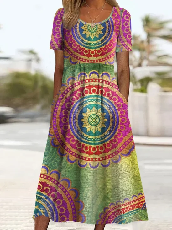 Women Ethnic Summer Printing Dress Crew Neck Short Sleeve Shift Dress H-Line Dress
