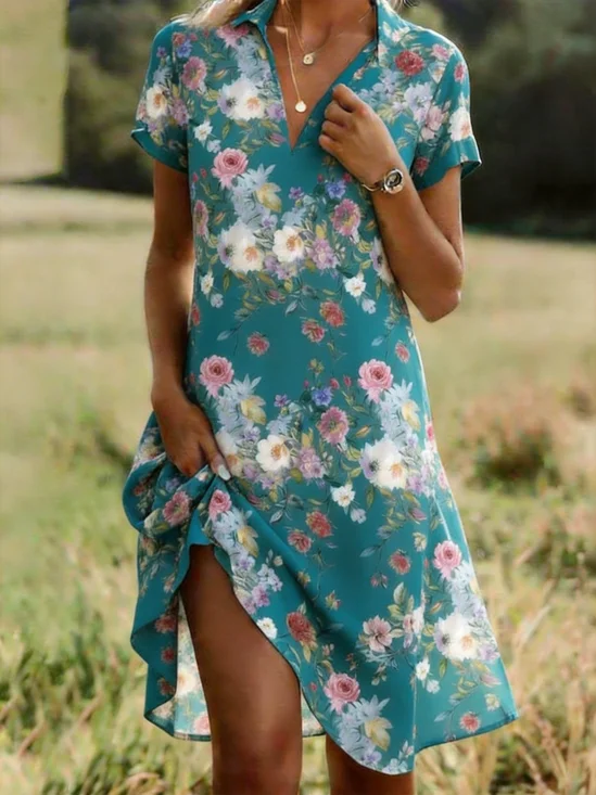 Women Floral All Season
                                        Dress Shirt Collar Short Sleeve
                                        Shirt Dress A-Line Dress