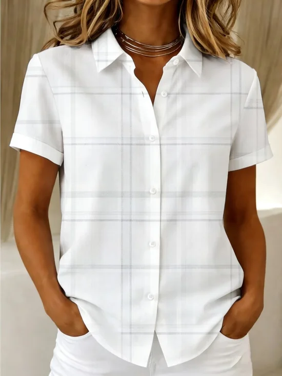 Shirt Collar Short Sleeve Plaid Printing Regular Micro-Elasticity Loose Button Up Shirt Shirt For Women