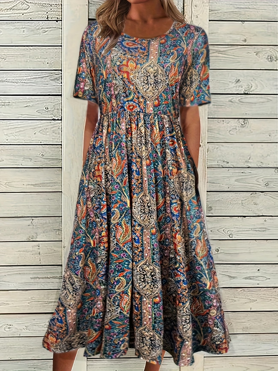 Women Ethnic Summer Printing Dress Crew Neck Short Sleeve Shift Dress H-Line Dress