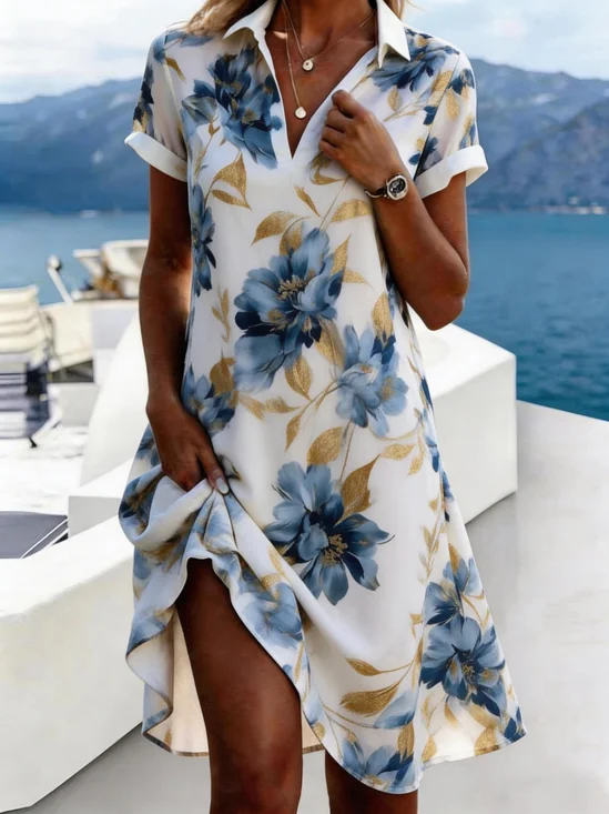 Women Floral All Season
                                        Dress Shirt Collar Short Sleeve
                                        Shirt Dress A-Line Dress