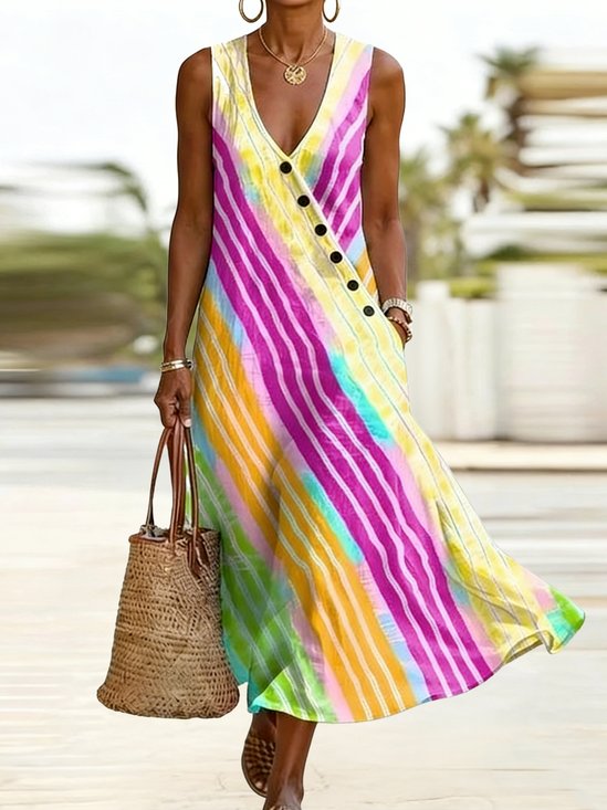 Women Striped Summer Dress V Neck Sleeveless Fit & Flare Dress A-Line Dress