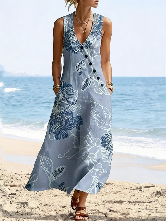 Women Floral Summer Dress V Neck Sleeveless Fit & Flare Dress A-Line Dress