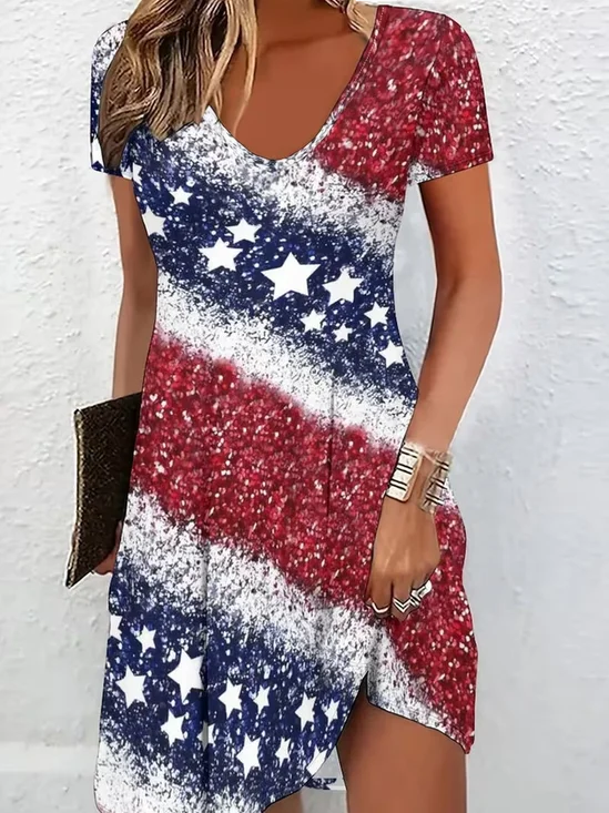Women America Flag Summer Dress V Neck Short Sleeve Fit & Flare Dress A-Line Dress