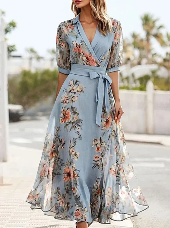 Women Floral Summer Dress V Neck Short Sleeve Fit & Flare Dress A-Line Dress